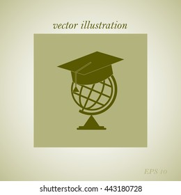 The graduation cap and globe icon. Education symbol. Flat Vector