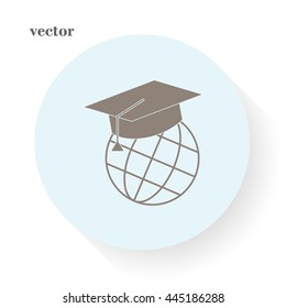 The graduation cap and globe icon. Education symbol. Flat Vector