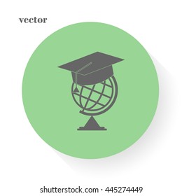 The graduation cap and globe icon. Education symbol. Flat Vector