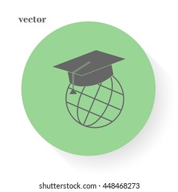 The graduation cap and globe icon. Education symbol. Flat Vector