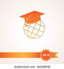 The graduation cap and globe icon. Education symbol. Flat Vector