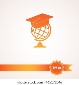 The graduation cap and globe icon. Education symbol. Flat Vector