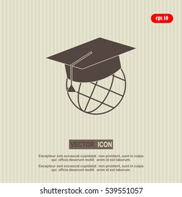 The graduation cap and globe icon. Education symbol. Flat Vector illustration