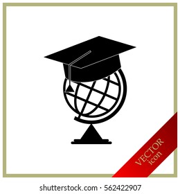 The graduation cap and globe icon. Education symbol. Flat Vector