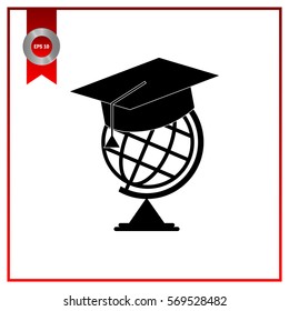 The graduation cap and globe icon. Education symbol. Flat Vector