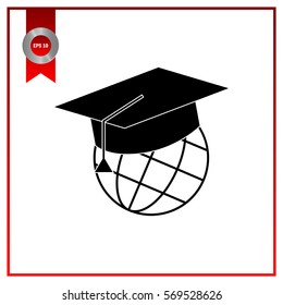 The graduation cap and globe icon. Education symbol. Flat Vector