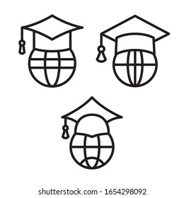 Graduation cap with globe icon set. Vector graphic illustration. Suitable for website design, logo, app, template, and ui. EPS 10.