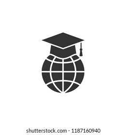 Graduation cap and globe symbol icon. Online education concept icon. E-learning vector symbol.