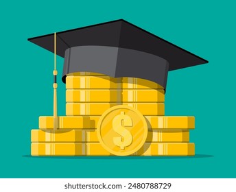 Graduation cap and gold coin. Education savings and investment concept. Academic and school knowledge. Vector illustration in flat style