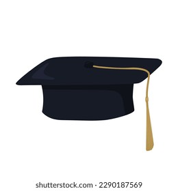 Graduation cap with gold tassel. Vector stock illustration. Graduation ceremony concept. Isolated on a white background.