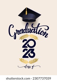 Graduation cap, golden branch. Banner for design of graduation 2023. Congratulations graduates of 2023. Template for decoration of degree ceremony in social media, web, card. Vector illustration.