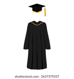 Graduation cap and gown with tassel isolated on white background. University, collage graduation outfit. Graduation ceremony. Vector illustration