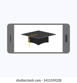 Graduation cap with gray smartphone on white background