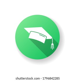 Graduation cap green flat design long shadow glyph icon. College mortarboard. University graduate. Student hat. Academic education. Master degree. Bachelor diploma. Silhouette RGB color illustration