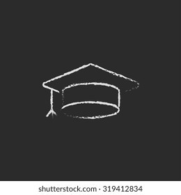 Graduation Cap Hand Drawn In Chalk On A Blackboard Vector White Icon Isolated On A Black Background.