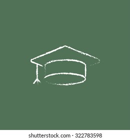 Graduation Cap Hand Drawn In Chalk On A Blackboard Vector White Icon Isolated On A Green Background.