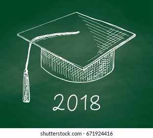 Graduation Cap Hand Drawn On A Green Blackboard. Vector Illustration Of A Sketch Style.