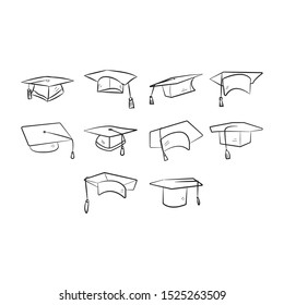 Graduation cap hand drawn sketch icon set