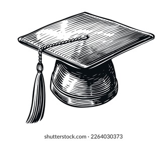 Graduation cap. Hand drawn student hat with tassel in sketch style. Education concept. Vintage vector illustration