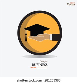 graduation cap in hand on gray background.hand with graduation icon.vector illustration.