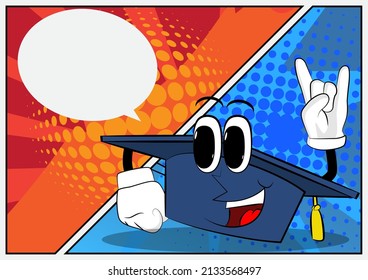 Graduation cap with hands in rocker pose. Education, learning concept with funny hat cartoon character.