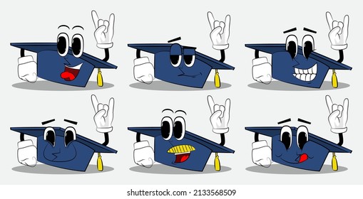 Graduation cap with hands in rocker pose. Education, learning concept with funny hat cartoon character.