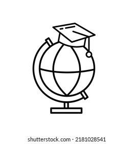 El gorro de graduación cuelga en el mundo. Icono de vuelta a la escuela. Combinación de una capa de graduación y tierra. Educación mundial. Icono de trazo editable de línea continua de grados del maestro en línea.