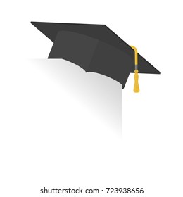 Graduation cap hang on paper corner. Graduation hat or mortar board with tassel. Academic, university, student, school and education symbol. Vector illustration