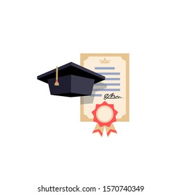 Graduation cap hat and certificate university academy diploma college bachelor prom icon element flat cartoon design vector illustration art