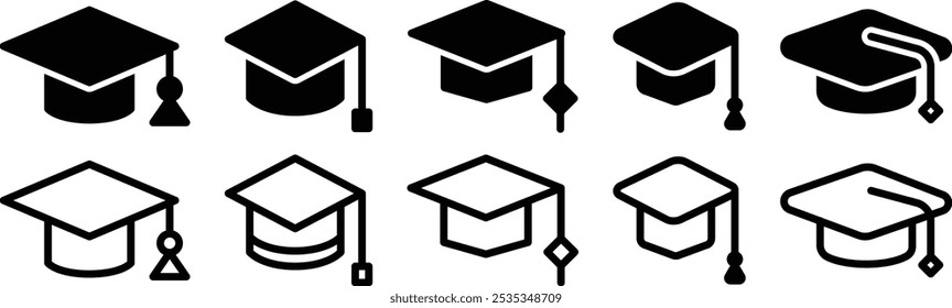 Graduation Cap or Hat Design Set, Graduate College Hat, Student Graduation Cap Icon Set