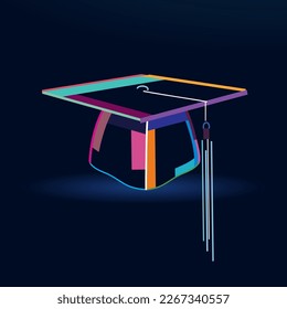 Graduation cap or hat, square academic cap, abstract, colorful drawing. Vector illustration of paints