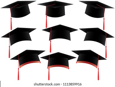 Graduation cap or hat vector illustration in the flat style. Academic caps set. Graduation cap isolated on the background.