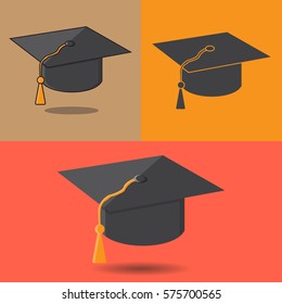 Graduation cap or hat vector illustration in flat style. Academic caps set. 