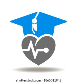 Graduation cap heart pulse icon vector. Education Medicine Symbol. Health Science Research Sign. Medical Professional Knowledge Achievement Illustration.