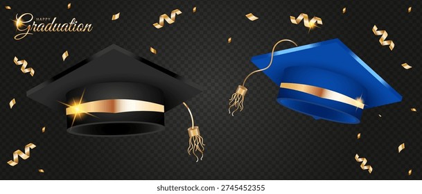 Graduation cap horizontal banner. Realistic 3D black and blue mortarboards with gold tassels and confetti. Vector illustration for university commencement ceremony and school academic event.