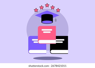 Boné de formatura pairando acima da pilha de livros coloridos. Realização acadêmica e importância da educação no desenvolvimento pessoal e conceito de sucesso