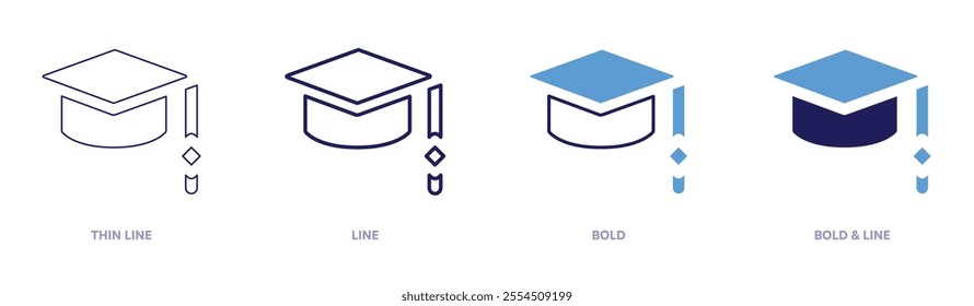 Graduation cap icon in 4 different styles. Thin Line, Line, Bold, and Bold Line. Duotone style. Editable stroke.