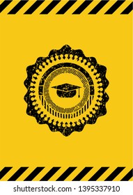 graduation cap icon black grunge emblem with yellow background. Vector Illustration. Detailed.