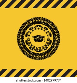 graduation cap icon black grunge emblem, yellow warning sign. Vector Illustration. Detailed.