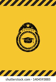 graduation cap icon black grunge emblem with yellow background. Vector Illustration. Detailed.