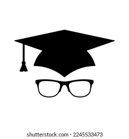 Icono de tapón de graduación. Icono negro de la gorra estudiantil y las gafas. Concepto de educación. Ilustración del vector