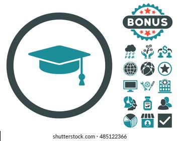 Graduation Cap icon with bonus design elements. Vector illustration style is flat iconic bicolor symbols, soft blue colors, white background.