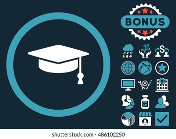 Graduation Cap icon with bonus elements. Vector illustration style is flat iconic bicolor symbols, blue and white colors, dark blue background.