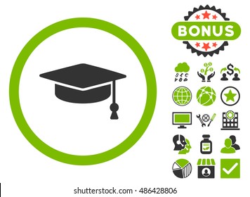 Graduation Cap icon with bonus images. Vector illustration style is flat iconic bicolor symbols, eco green and gray colors, white background.