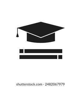 Graduation cap icon. Books underneath symbol. Education vector graphic. Black and white style.