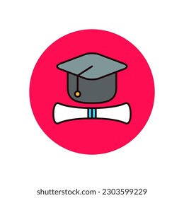 Graduation cap icon with colorful design in red circle shape isolated on white background