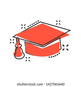 Graduation cap icon in comic style. Education hat vector cartoon illustration on white isolated background. University bachelor business concept splash effect.