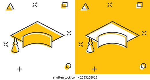 Graduation cap icon in comic style. Education hat vector cartoon illustration on white isolated background. University bachelor business concept splash effect.