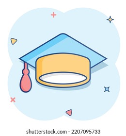 Graduation cap icon in comic style. Education hat vector cartoon illustration on white isolated background. University bachelor business concept splash effect.