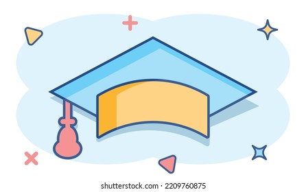 Graduation cap icon in comic style. Education hat vector cartoon illustration on white isolated background. University bachelor business concept splash effect.
